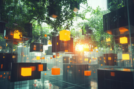 A room with many cubes hanging from the ceiling, some of which are yellow. The room has a bright and cheerful atmosphereの素材