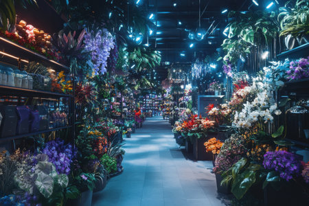 A flower shop with a long aisle of colorful flowers. The flowers are arranged in vases and potted plants, and the shop is brightly lit. The atmosphere is cheerful and invitingの素材