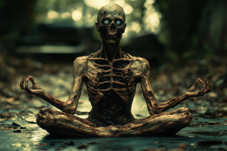 A skeleton is sitting in a lotus position, with its hands in its lap. The scene is eerie and unsettling, with the skeleton's twisted and decaying appearance adding to the unsettling moodの素材