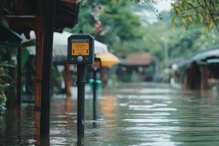 A flooded street with a yellow sign on a pole. The sign says "No Parking". The street is filled with water and the area is desertedの素材