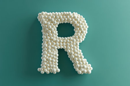 The letter R is made up of many small white balls. The image has a playful and whimsical mood, as the letter R is not a traditional shape but rather a creative and unique designの素材