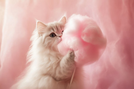 A cat is holding a pink cotton candy in its mouth. The image has a playful and whimsical mood, as the cat seems to be enjoying its treatの素材