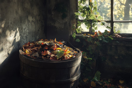 A pile of autumn leaves sits in a wooden barrel. The leaves are scattered and mixed together, creating a colorful and natural sceneの素材