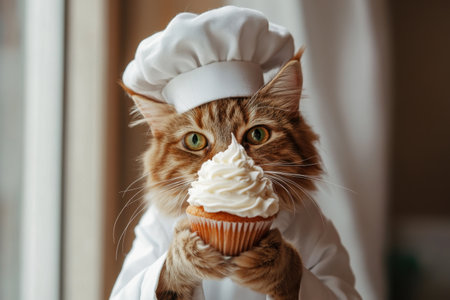 A cat wearing a chef's hat holding a cupcake. The cat is wearing a white hat and a white apronの素材