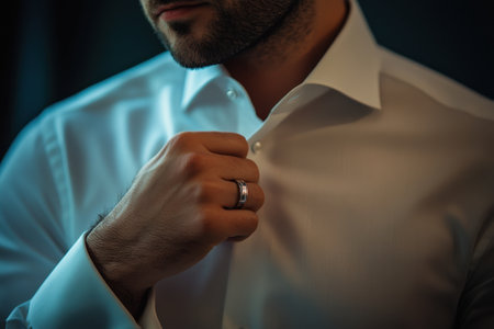 A man is getting ready to dress up in a white shirt and a silver ring. He is adjusting his shirt and fixing his ringの素材