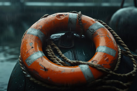A life preserver is hanging from a rope in the rain. The life preserver is orange and has a white stripeの素材