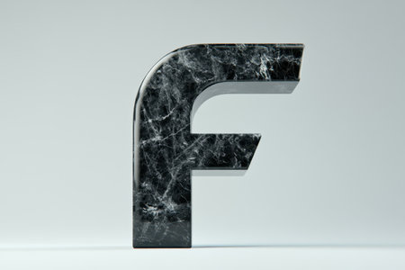 Marble letter F with a black background. The letter is carved out of marble and has a unique textureの素材