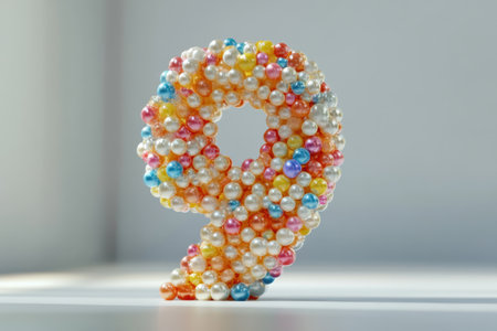 The number nine is made of colorful beads. The beads are scattered all over the number, making it look like a fun and playful designの素材