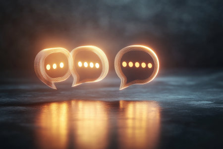 Three glowing speech bubbles are floating in the air. The bubbles are illuminated and appear to be communicating with each other. Concept of connection and collaboration between the bubblesの素材