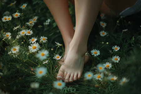 A woman's feet are in a field of daisies. Concept of peace and tranquility, as the woman is surrounded by the beauty of nature. The daisies are scattered throughout the fieldの素材