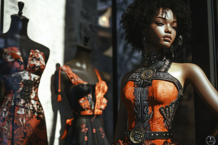 A woman in a red dress stands in front of a display of clothing. The woman is the center of attention and the clothing is arranged in a way that highlights herの素材