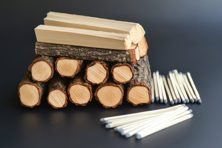 A pile of wood logs and matches on a table. The wood logs are stacked on top of each other, and the matches are scattered around them. The scene gives off a rustic and cozy vibeの素材