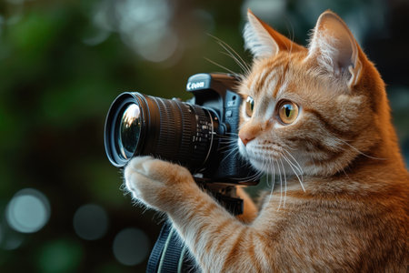 A cat is holding a Canon camera. The cat is looking at the camera with a surprised expressionの素材