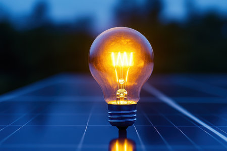 A light bulb is lit up and is sitting on a blue surface. The light bulb is the main focus of the image and it gives off a warm, inviting glowの素材
