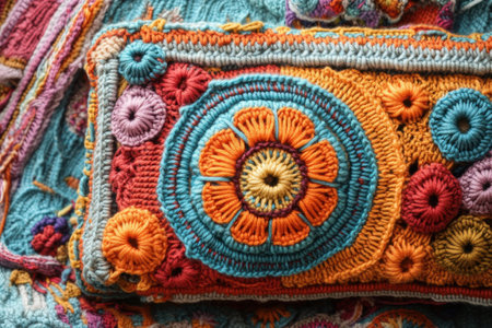 A colorful crochet flower design on a pillow. The flower is made up of many small, colorful ballsの素材