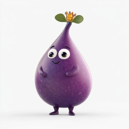 A purple fruit with a crown on top of it. The fruit is smiling and has big eyesの素材