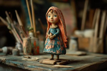 A small doll is standing on a wooden surface. The doll is wearing a blue dress and a red scarf. The doll is holding a small object in its hand. The scene appears to be a work of artの素材