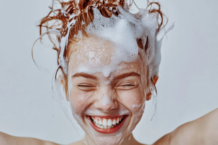 A woman with red hair is laughing while she is washing her hair. She is smiling and has her mouth openの素材