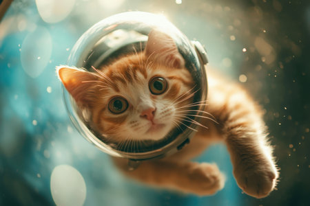 A cat wearing a space suit is looking up at the camera. The image has a playful and whimsical mood, as it is not a typical scene to see a cat in a space suitの素材
