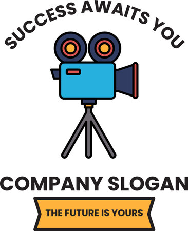 A blue camera with a tripod is on a white background. The camera is surrounded by a yellow ribbon that says "The future is yours"のイラスト素材