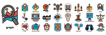 A collection of icons for various concepts and ideas. The icons include a magnifying glass, a clock, a person holding a book, a person holding a microphone, a person holding a computer mouseのイラスト素材