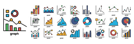 A collection of colorful graphs and charts. The graphs are arranged in a row and are of various sizes and colors. Scene is that of a data visualizationのイラスト素材