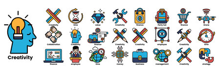 A series of icons with a blue head and a light bulb on top. The icons include a clock, a book, a laptop, a suitcase, a hammer, a diamond, a pen, a pencil, a suitcase, a briefcaseのイラスト素材