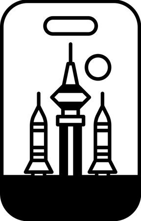 A black and white image of a city with a tall building and three rockets. The image is of a phone caseのイラスト素材
