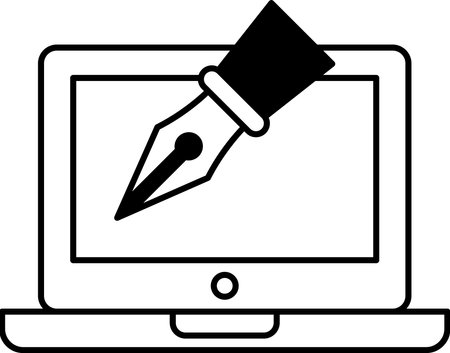 A stylized pen is drawn on a laptop screen. The pen is positioned in the center of the screen and extends from the top to the bottom of the screen. Concept of creativity and productivityのイラスト素材