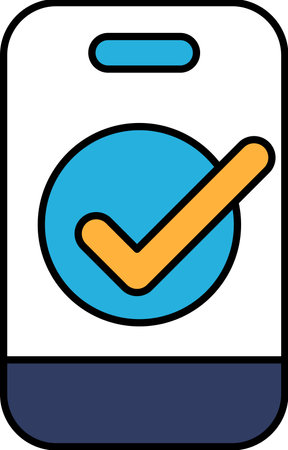 A phone with a check mark on it. The check mark is yellow and blue. The phone is on a white backgroundのイラスト素材