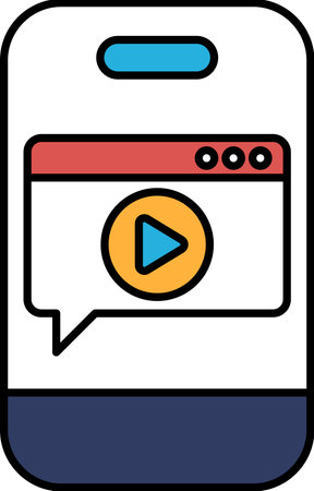 A phone with a screen that says "play" and a red and orange circle with a white arrow pointing to itのイラスト素材