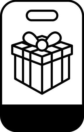 A black and white image of a gift box with a bow on top. The box is placed on a phoneのイラスト素材