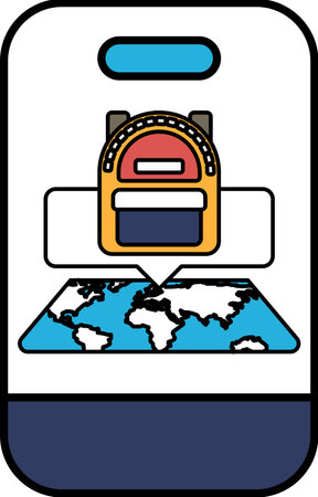 A phone screen shows a backpack on a map of the world. This image conveys the idea of traveling and exploring new placesのイラスト素材
