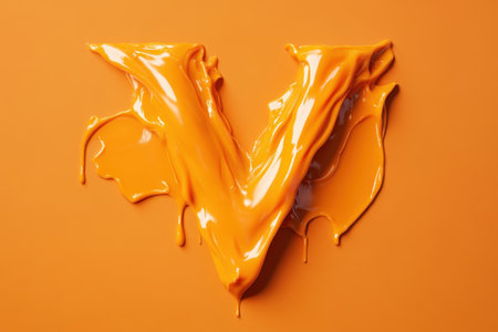 The letter V is painted in orange paint on a yellow background. The paint appears to be dripping and splattering, giving the impression of movement and energy. Scene is playful and whimsicalの素材