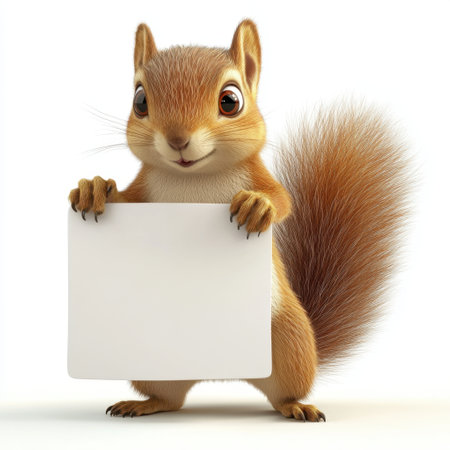 A cute squirrel holding a white sign. The squirrel is smiling and he is happy. The white sign is held in its paws, and it is not clear what the sign says. Concept of playfulness and joyの素材