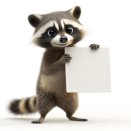 A raccoon is holding a white piece of paper. Concept of playfulness and curiosity, as the raccoon is holding the paper up to the camera. The white paper could represent a blank slate, a new beginningの素材