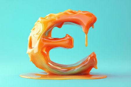 The letter E is dripping with caramel. The letter is orange and has a sticky texture. The image has a playful and whimsical moodの素材