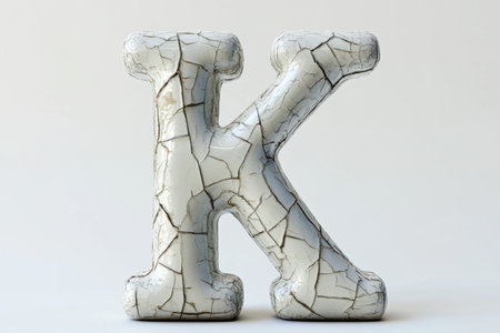 The letter K is broken into pieces and has a rough, jagged appearance. It is a white letter with a black outlineの素材