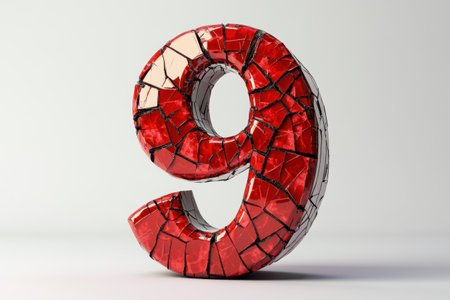 The number nine is broken into pieces and is red in color. The broken pieces give the number a sense of destruction and chaosの素材