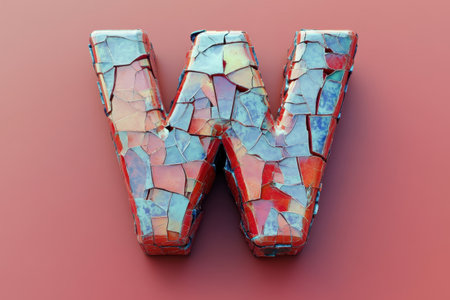 The letter W is broken into pieces and has a cracked appearance. The image has a colorful and abstract feel to itの素材