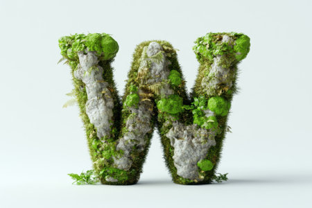 The letter W is made of moss and rocks. It looks like a plant growing out of the groundの素材