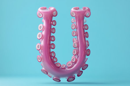 A pink octopus with a long, curved body and many small, round eyes. The octopus is surrounded by a blue background, which adds a sense of depth and contrast to the sceneの素材