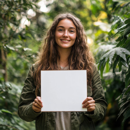 A woman is holding a white sign in a forest. The sign is blank, which could represent a blank slate or a new beginning. The woman's smile suggests that she is happy and excited about the blank signの素材