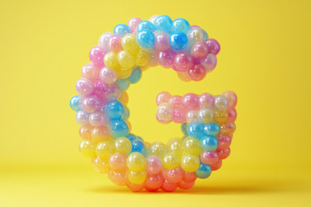 The image is a colorful and playful representation of the letter G. The letter is made up of various colored balloons, creating a fun and whimsical appearanceの素材