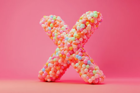 A large, colorful X made out of small, colorful balls. The X is surrounded by a pink background, which adds a pop of color to the scene. Scene is playful and whimsicalの素材