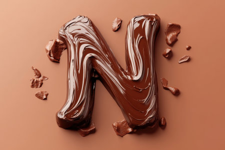A chocolate letter N with chocolate drizzle and chocolate crumbs on it. The image has a playful and indulgent mood, as it features a delicious treat in the form of a letterの素材