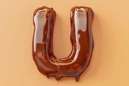 A chocolate letter U that is dripping with chocolate. The letter is made of chocolate and he is melting, giving it a fun and playful appearanceの素材