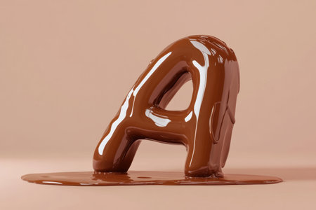 A chocolate letter A is dripping chocolate. The image has a playful and fun mood, as it is a creative way to present the letter Aの素材