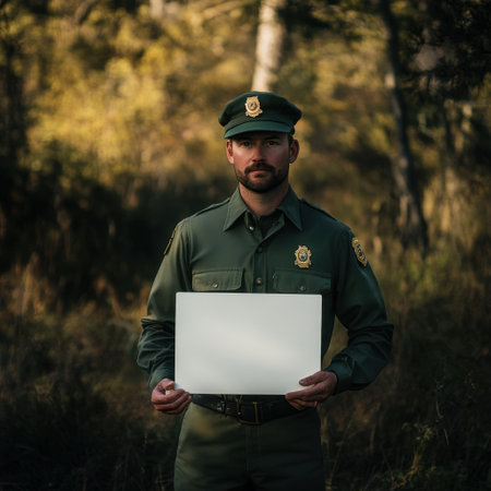 A man in a green uniform holding a white sign. The man is wearing a hat and a badgeの素材