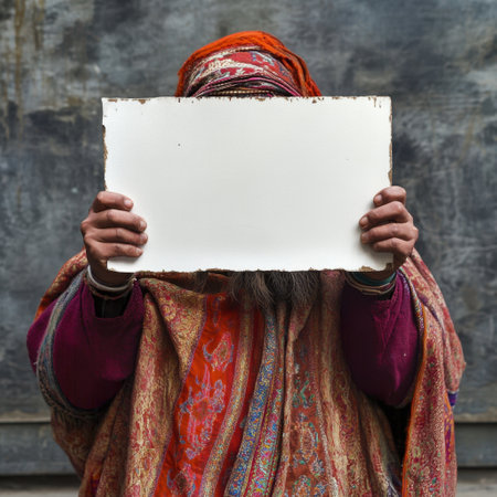 A man is holding a blank piece of paper in front of a wall. Concept of emptiness and lack of direction. The man's expression and the blank paper suggest that he is unsure of what to do or where to goの素材